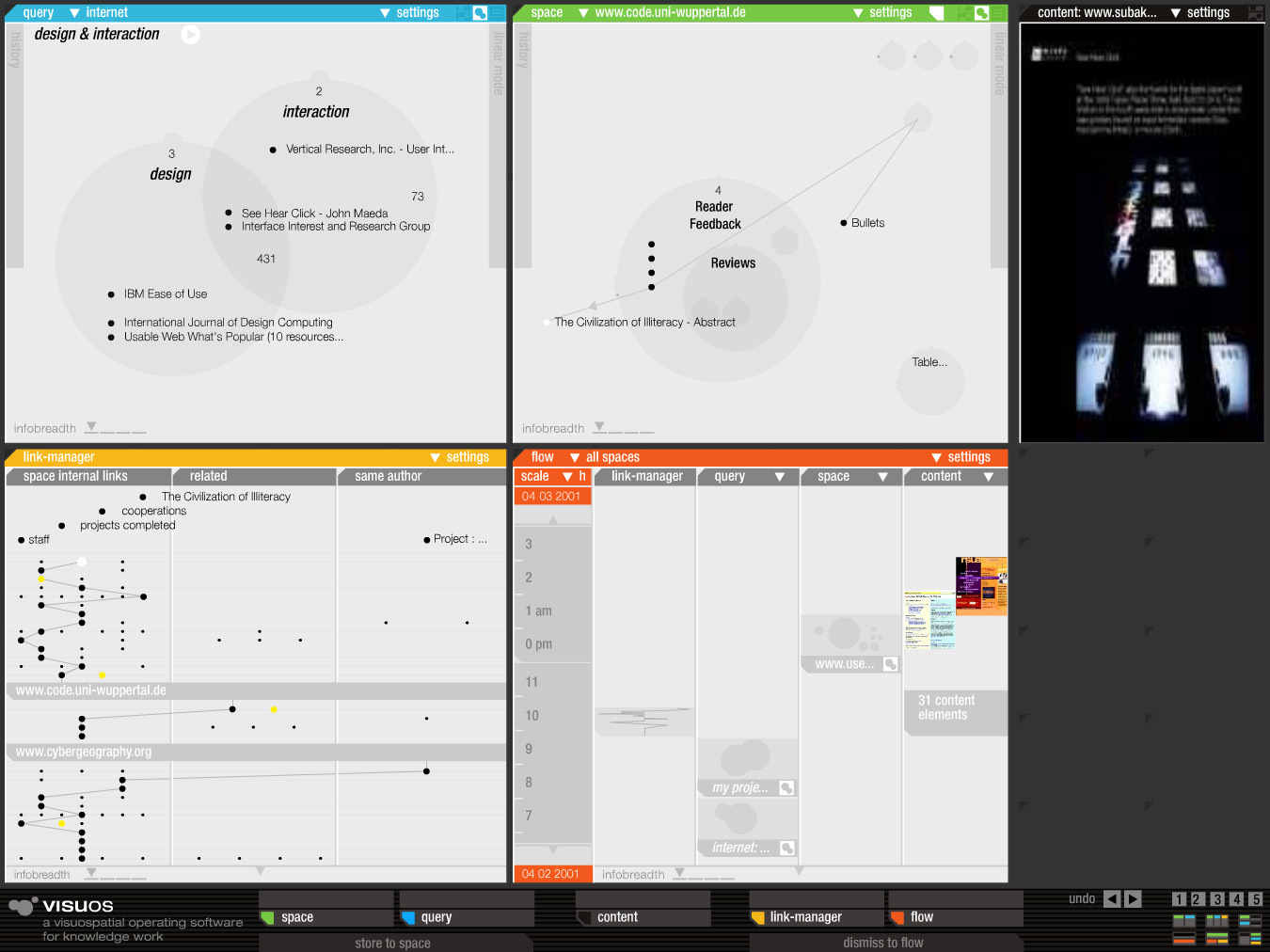 'visuos - a visuospatial operating software for knowledge work' - screenshot of the interface